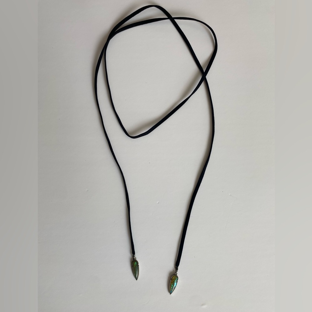 Black Boho Cord Necklace with Green Iridescent Pendant